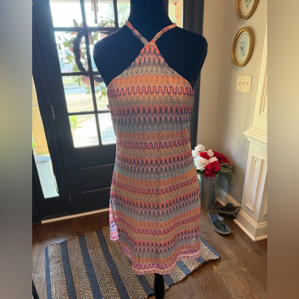 Halter Mini Dress in Multicolor crochet Wave Pattern
